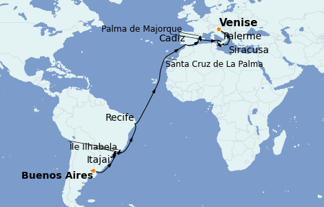 Itinerario del crucero Trasatlántico y Grande Viaje 2023 25 días a bordo del MSC Armonia