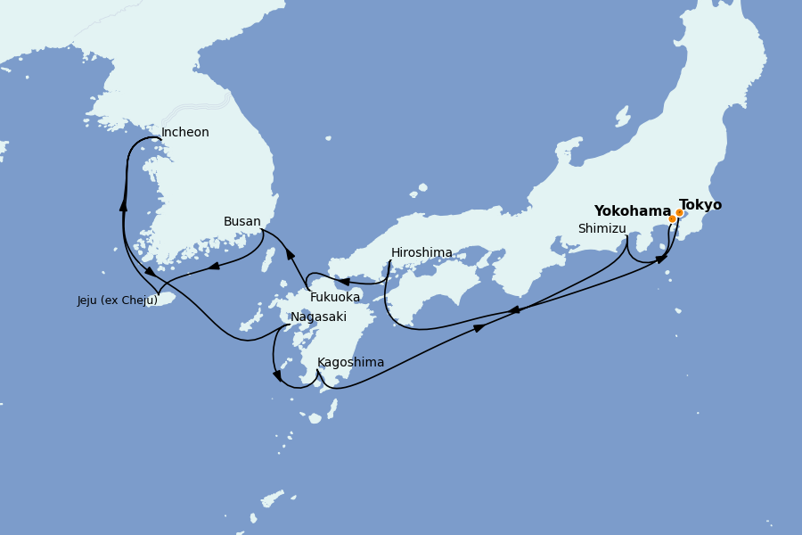 Itinerario del crucero China, Japón, Hong Kong, Taiwán, Corea del Sur 14 días a bordo del Silver Moon