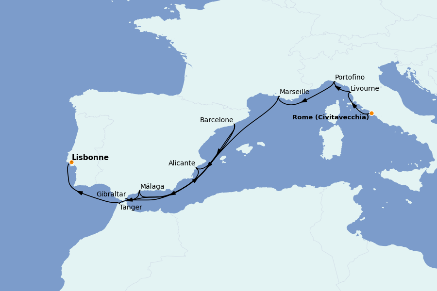 Itinéraire de la croisière Méditerranée Occidentale 14 jours à bord du Ms Oosterdam