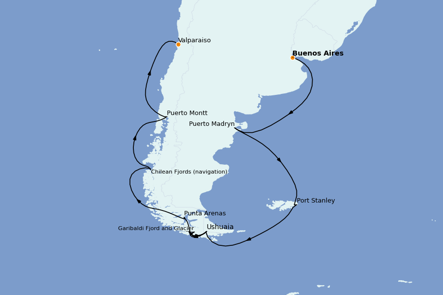 Itinéraire de la croisière Brésil, Argentine, Uruguay 16 jours à bord du Silver Nova