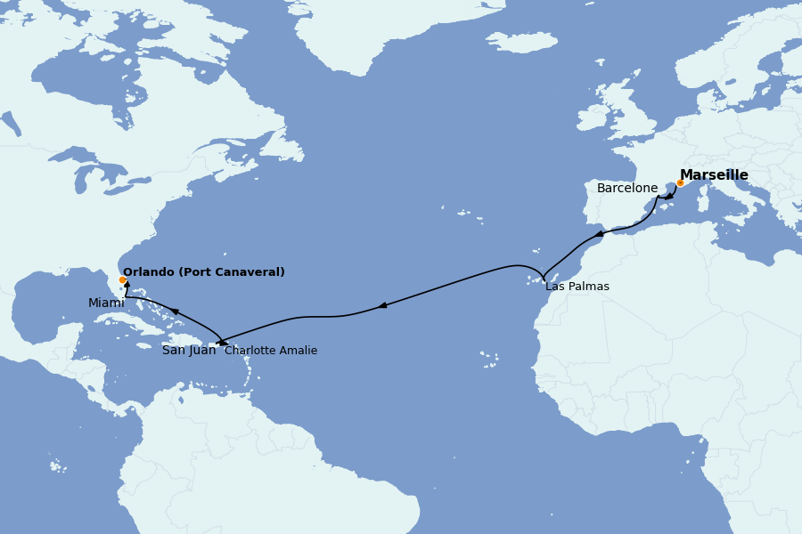 Itinéraire de la croisière TRANSATLANTIQUES ET GRANDS VOYAGES 16 jours à bord du MSC Grandiosa