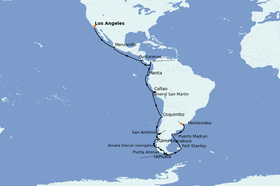 Itinerario del crucero Brasil, Argentina, Uruguay 36 días a bordo del Sapphire Princess