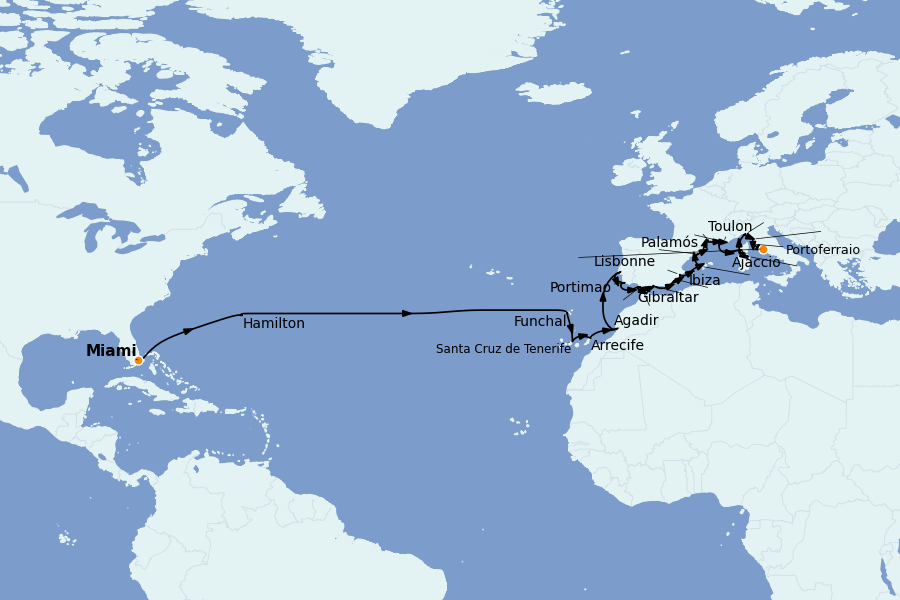 Itinéraire de la croisière Méditerranée Occidentale 35 jours à bord du Nautica