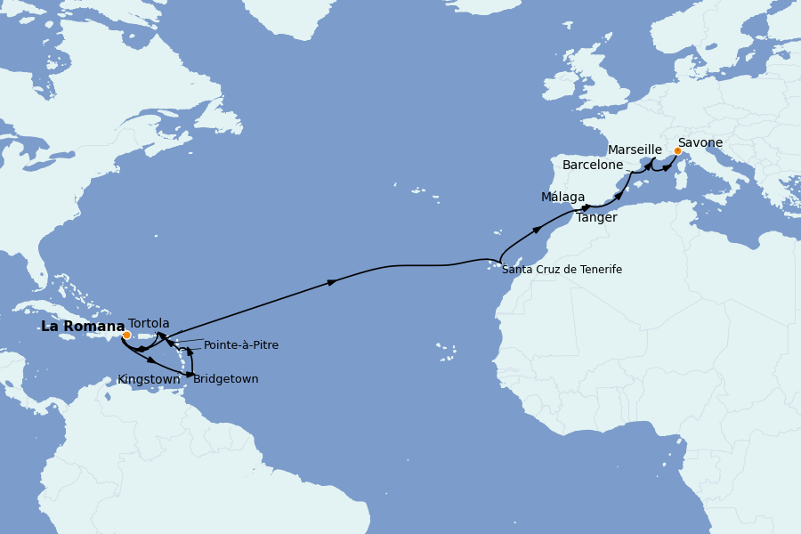 Itinéraire de la croisière TRANSATLANTIQUES ET GRANDS VOYAGES 23 jours à bord du Costa Fascinosa