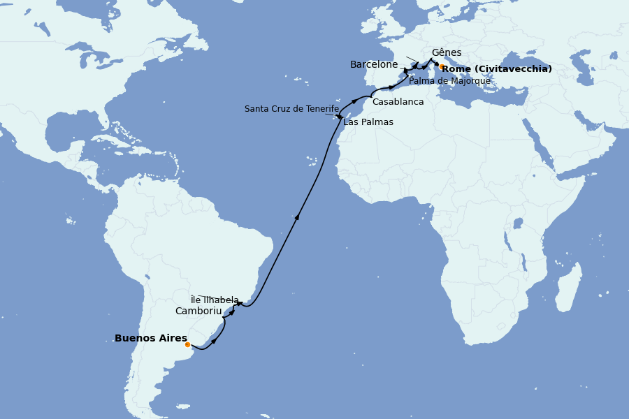 Itinéraire de la croisière TRANSATLANTIQUES ET GRANDS VOYAGES 22 jours à bord du MSC Fantasia