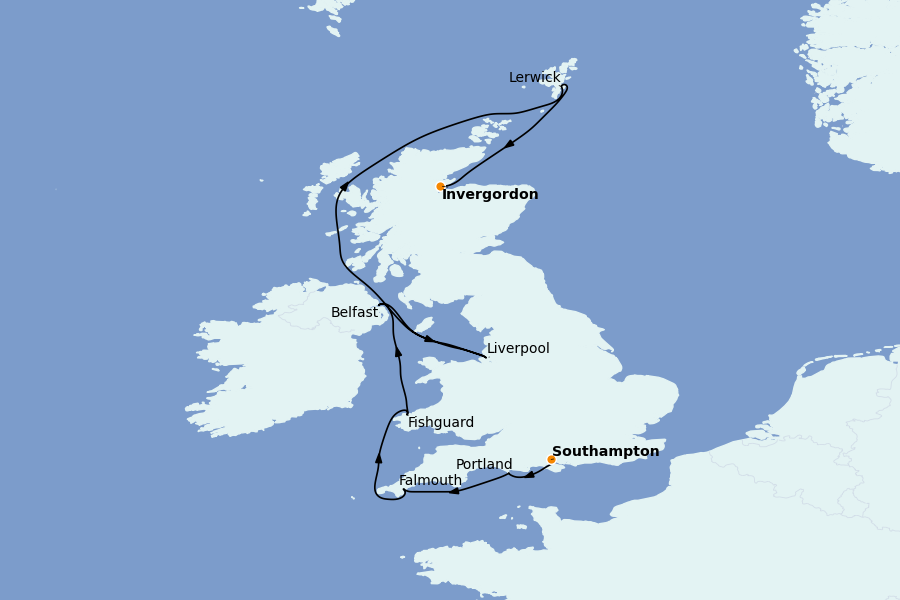 Itinéraire de la croisière Îles Britanniques 11 jours à bord du Silver Spirit