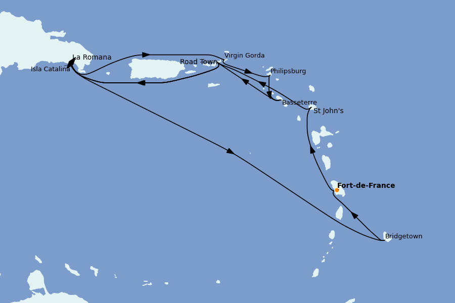 Itinéraire de la croisière Caraïbes de l'Est (Antilles) 14 jours à bord du MSC Opera