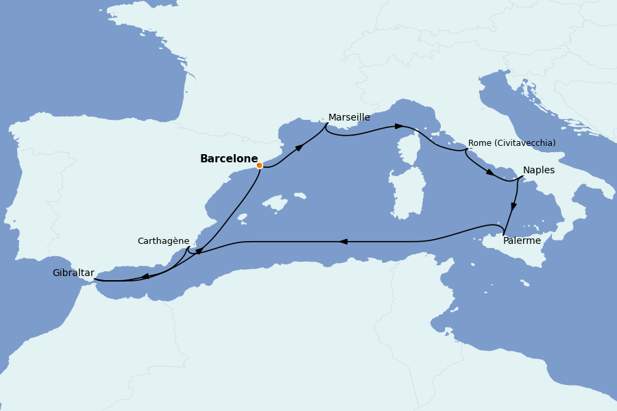 Itinéraire de la croisière Méditerranée Occidentale 11 jours à bord du Star Princess