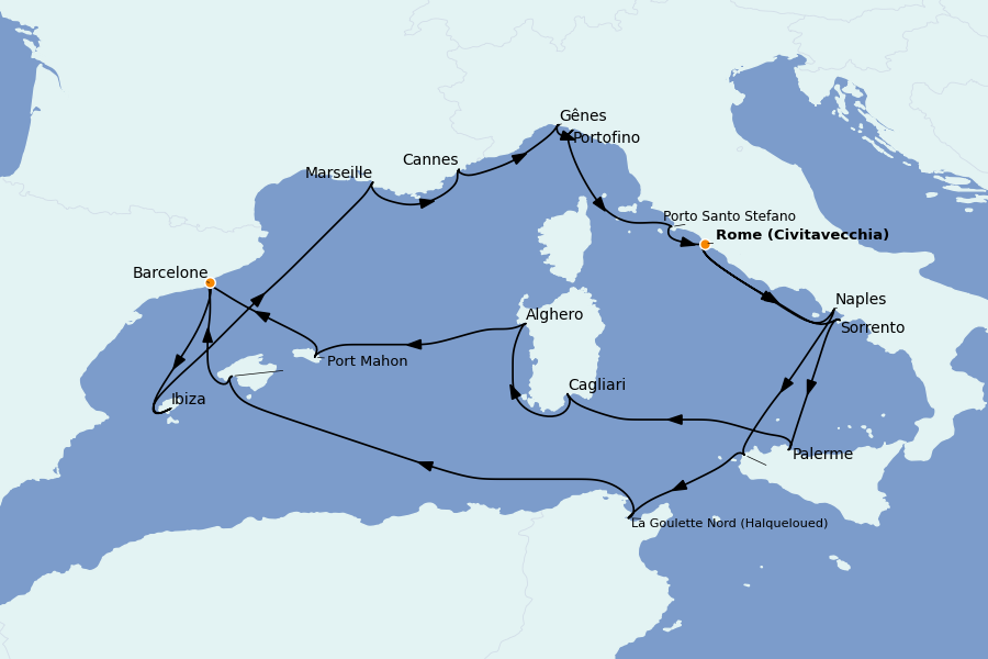 Itinéraire de la croisière Méditerranée Occidentale 21 jours à bord du Explora II