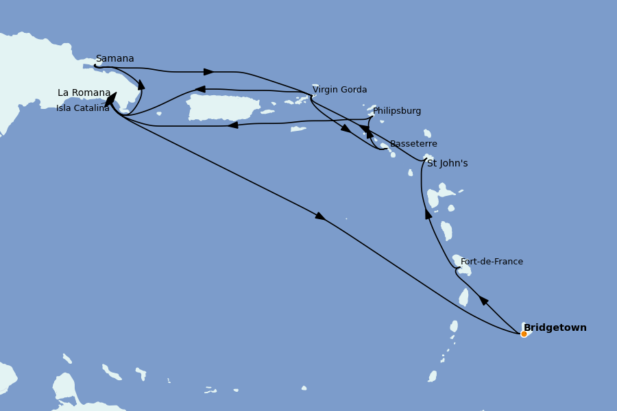 Itinéraire de la croisière Caraïbes de l'Est (Antilles) 14 jours à bord du MSC Opera