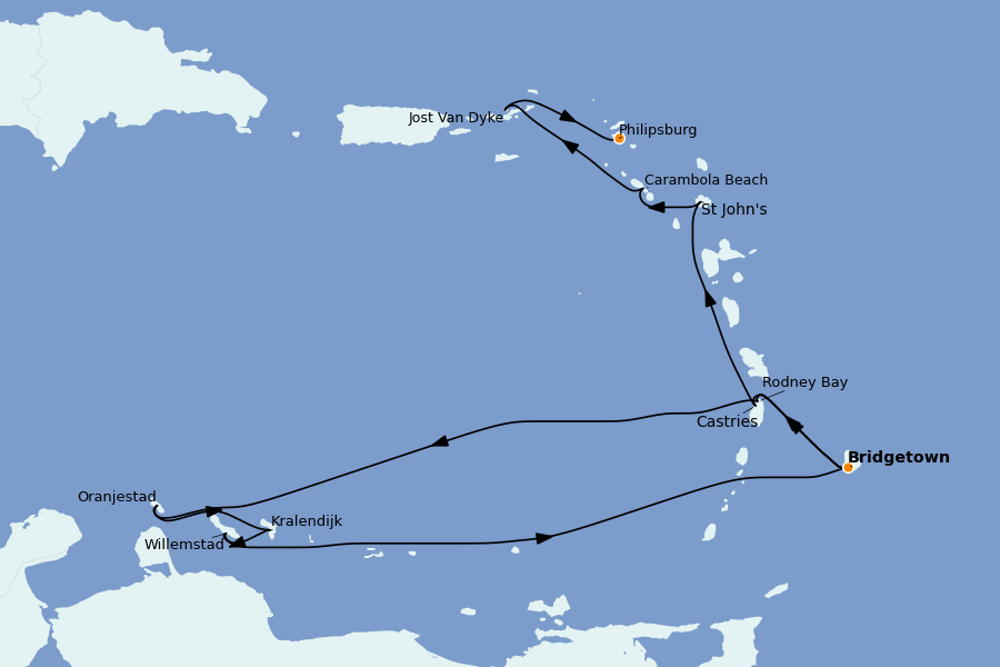 Itinéraire de la croisière Caraïbes de l'Est (Antilles) 14 jours à bord du Seabourn Ovation