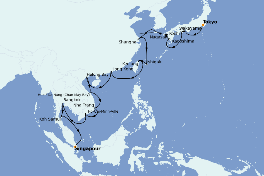 Itinerario del crucero China, Japón, Hong Kong, Taiwán, Corea del Sur 27 días a bordo del Nautica