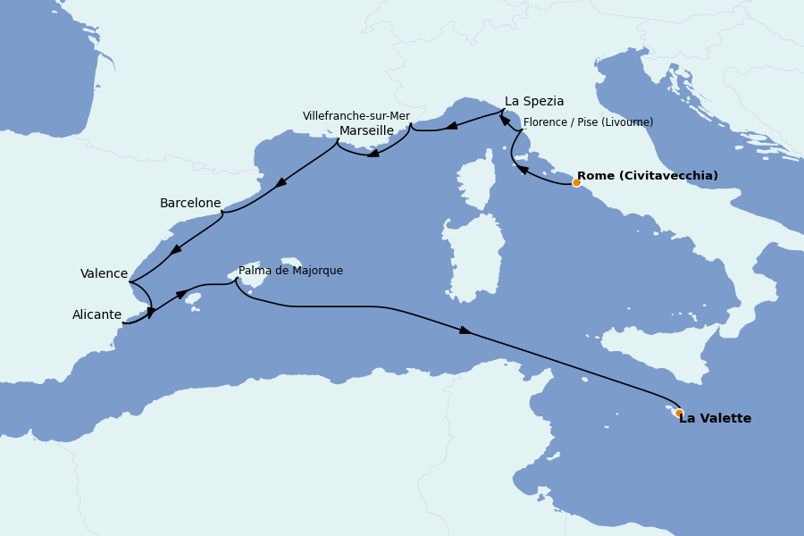 Itinéraire de la croisière Méditerranée Occidentale 10 jours à bord du Sirena