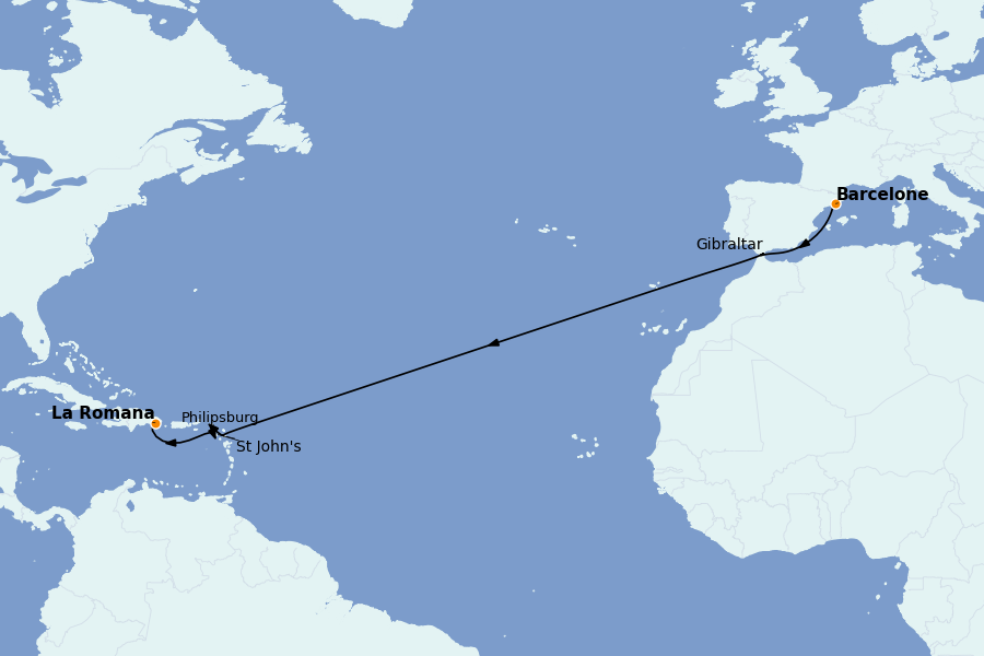 Itinerario del crucero Trasatlántico y Grande Viaje 2026 14 días a bordo del MSC Opera