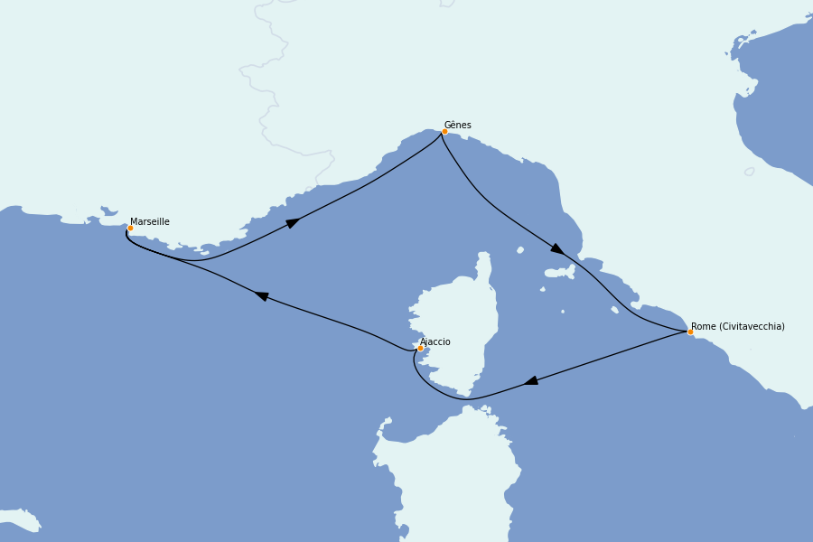 Itinerario del crucero Mediterráneo 4 días a bordo del MSC Seaview