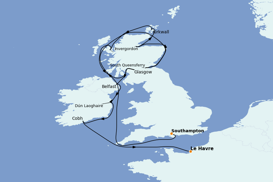 Itinéraire de la croisière Îles Britanniques 11 jours à bord du Vista