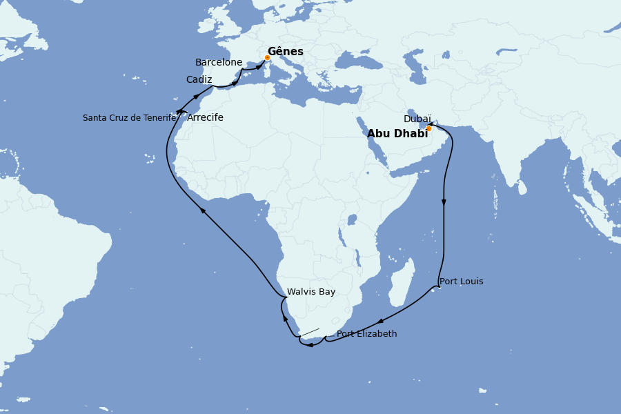 Itinerario del crucero Mediterráneo 35 días a bordo del Costa Toscana