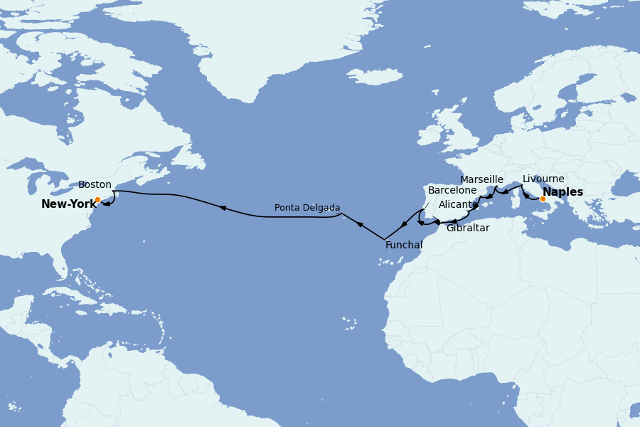 Itinerario del crucero TRASATLÁNTICOS 22 días a bordo del MSC Meraviglia