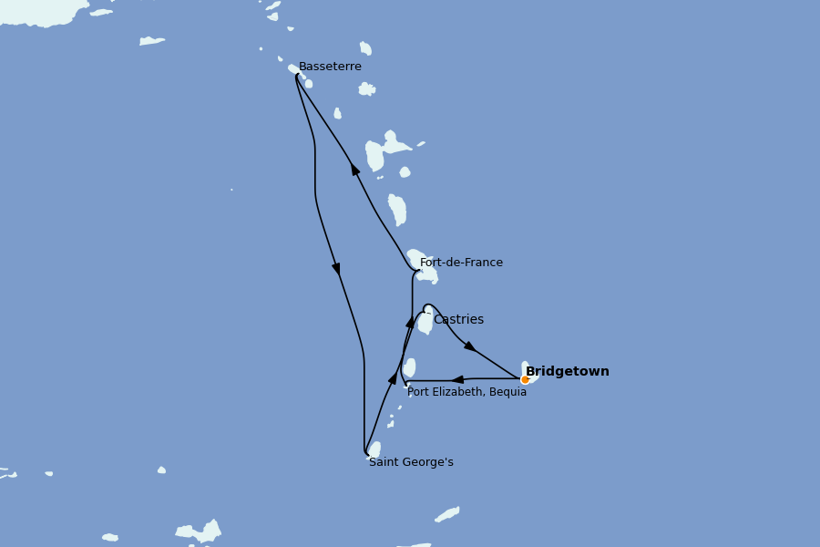 Itinéraire de la croisière Caraïbes de l'Est (Antilles) 8 jours à bord du Silver Spirit