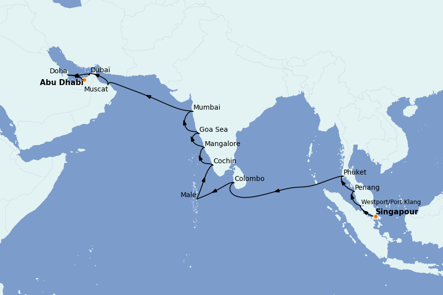 Itinerario del crucero India 22 días a bordo del Seven Seas Splendor