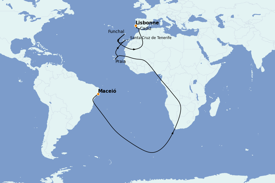 Itinerario del crucero Trasatlántico y Grande Viaje 2025 13 días a bordo del Costa Diadema
