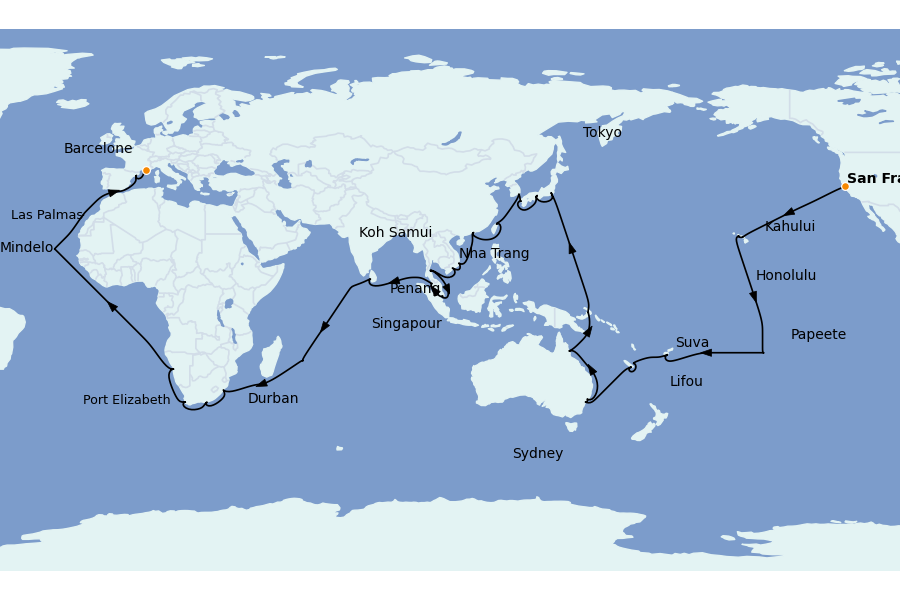 Itinerario del crucero Vuelta al mundo 2027 98 días a bordo del Costa Deliziosa