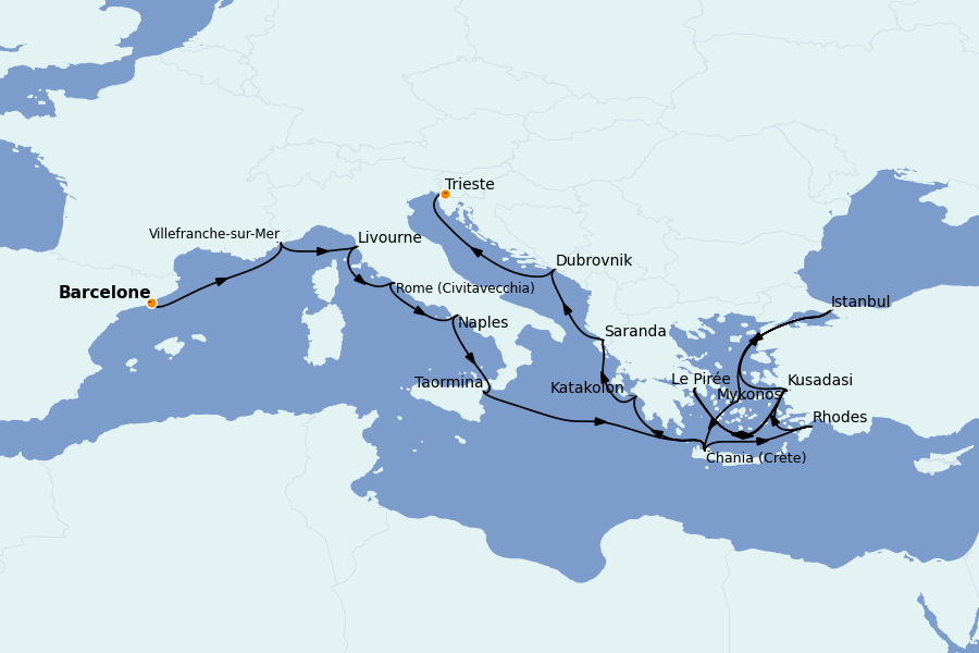 Itinéraire de la croisière Méditerranée Occidentale 22 jours à bord du Ms Oosterdam