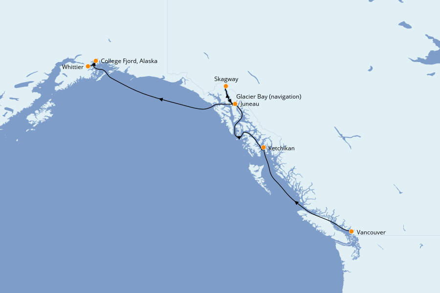 Itinerario del crucero Alaska, Canadá y Glaciares 7 días a bordo del Grand Princess