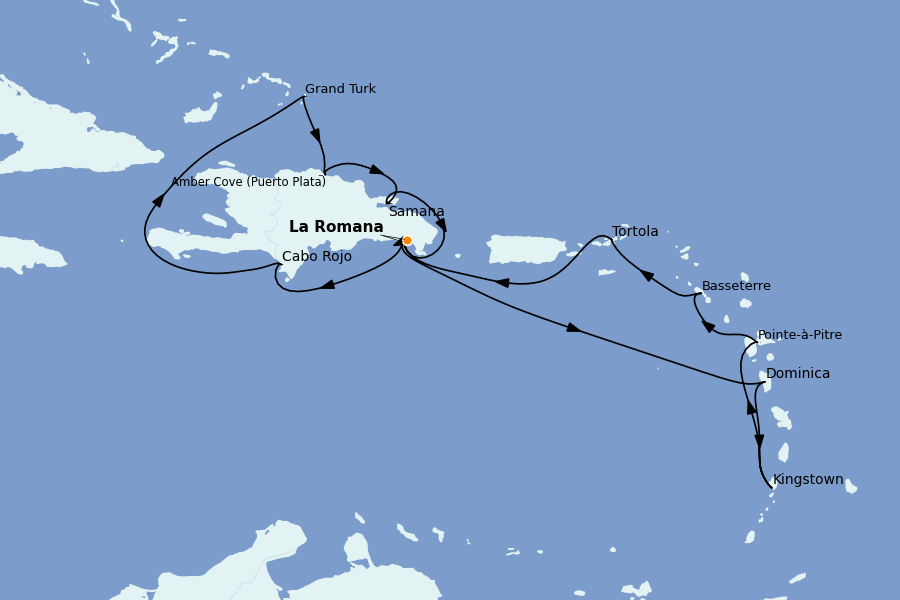 Itinéraire de la croisière Caraïbes de l'Est (Antilles) 14 jours à bord du Costa Pacifica