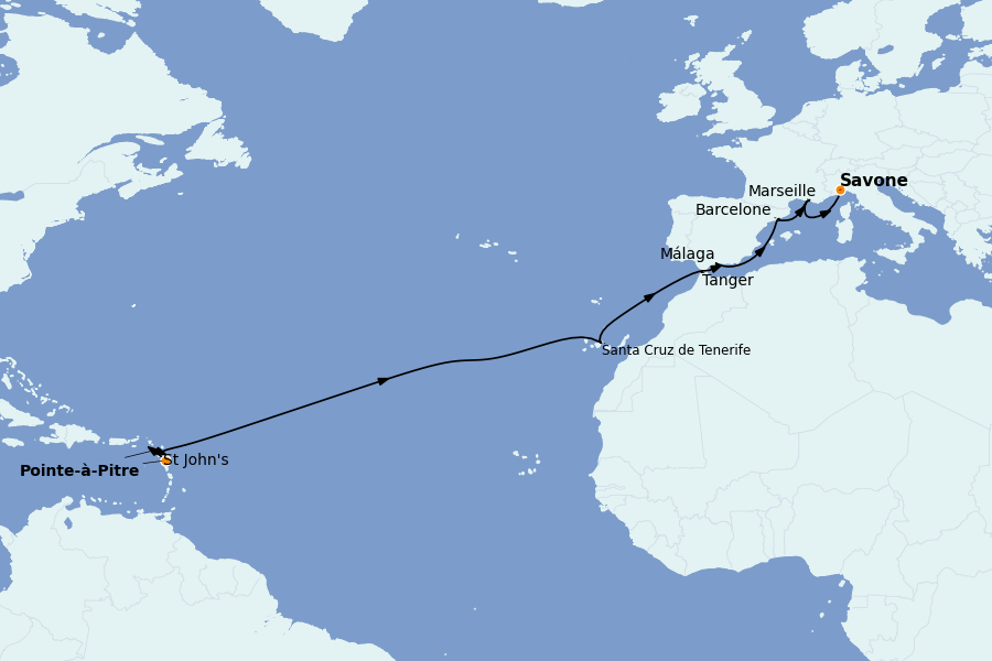 Itinerario del crucero TRASATLÁNTICOS 16 días a bordo del Costa Favolosa