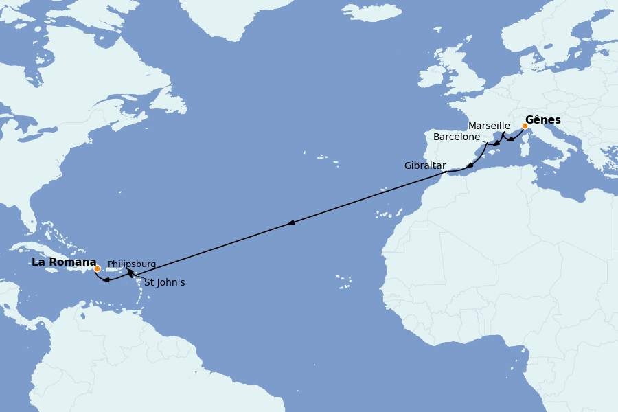 Itinerario del crucero TRASATLÁNTICOS 16 días a bordo del MSC Opera
