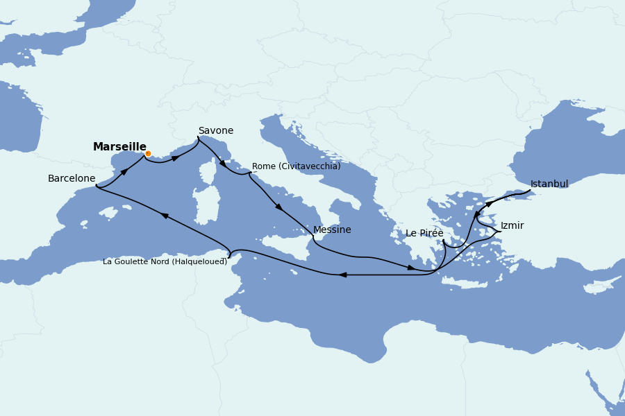 Itinéraire de la croisière Méditerranée Occidentale 14 jours à bord du Costa Fortuna