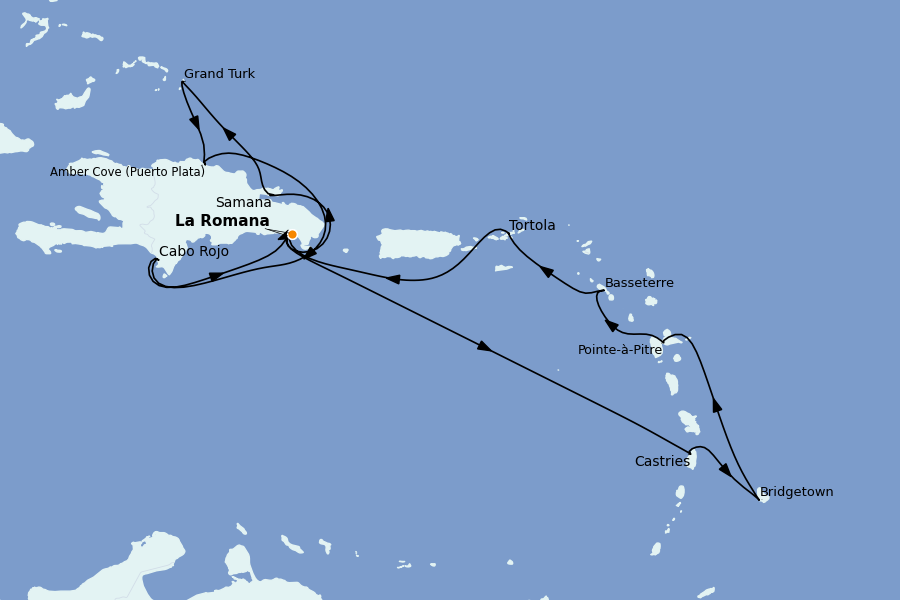 Itinéraire de la croisière Caraïbes de l'Est (Antilles) 14 jours à bord du Costa Pacifica