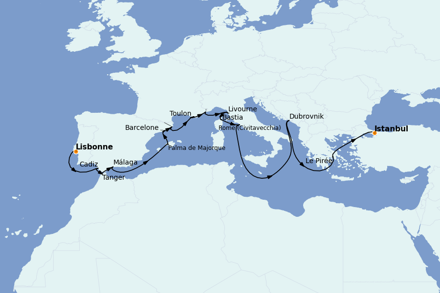 Itinerario del crucero Mediterráneo Occidental 23 días a bordo del Seven Seas Splendor