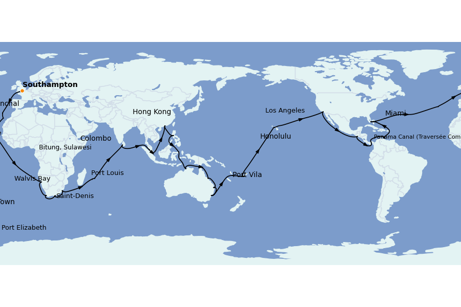 Itinerario del crucero Canal de Panamá 109 días a bordo del Queen Anne