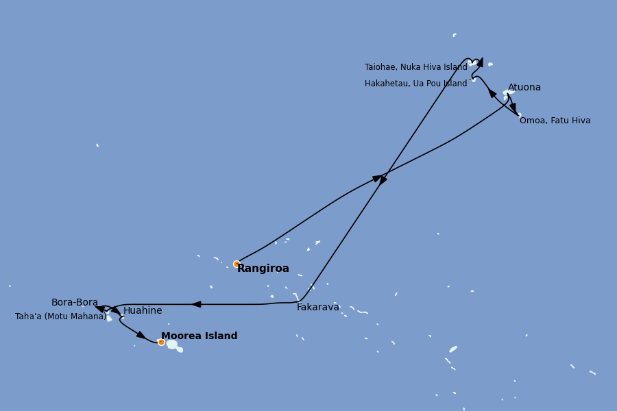 Itinéraire de la croisière Tahiti, Bora Bora, Cook Islands, Nouvelle-Calédonie, Fidji, Vanuatu, Samoa, Salomon 14 jours à bord du Paul Gauguin