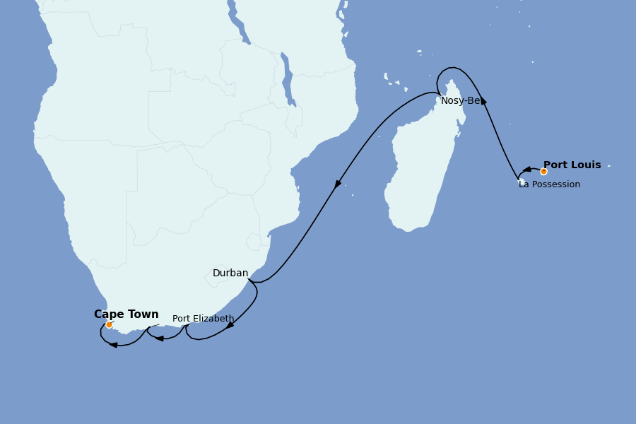 Itinéraire de la croisière Le Cap (Afrique du Sud), Côte Africaine 14 jours à bord du Seven Seas Mariner