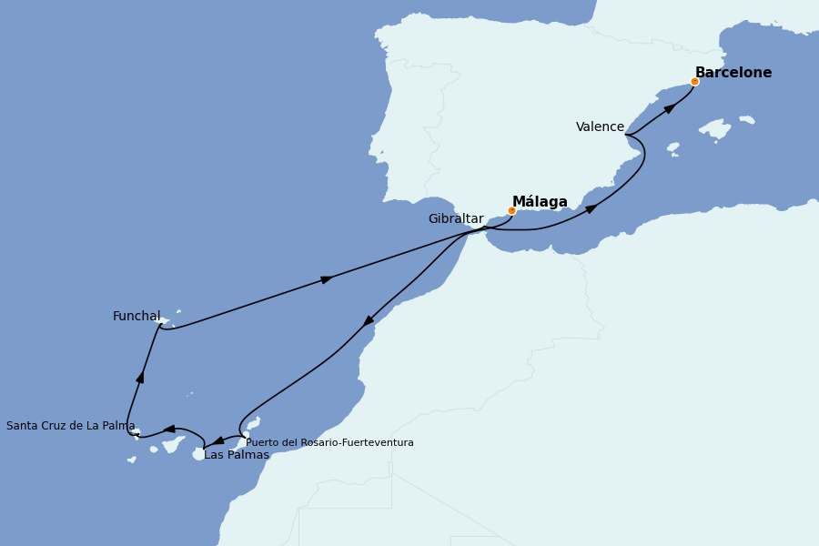 Itinerario del crucero Mediterráneo 10 días a bordo del Costa Fortuna