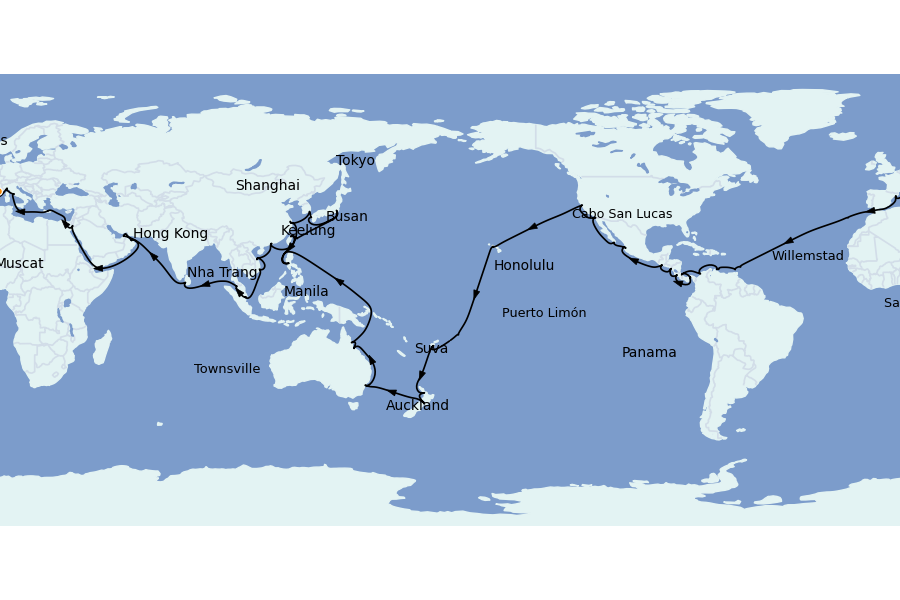 Itinerario del crucero VUELTA AL MUNDO 118 días a bordo del MSC Magnifica
