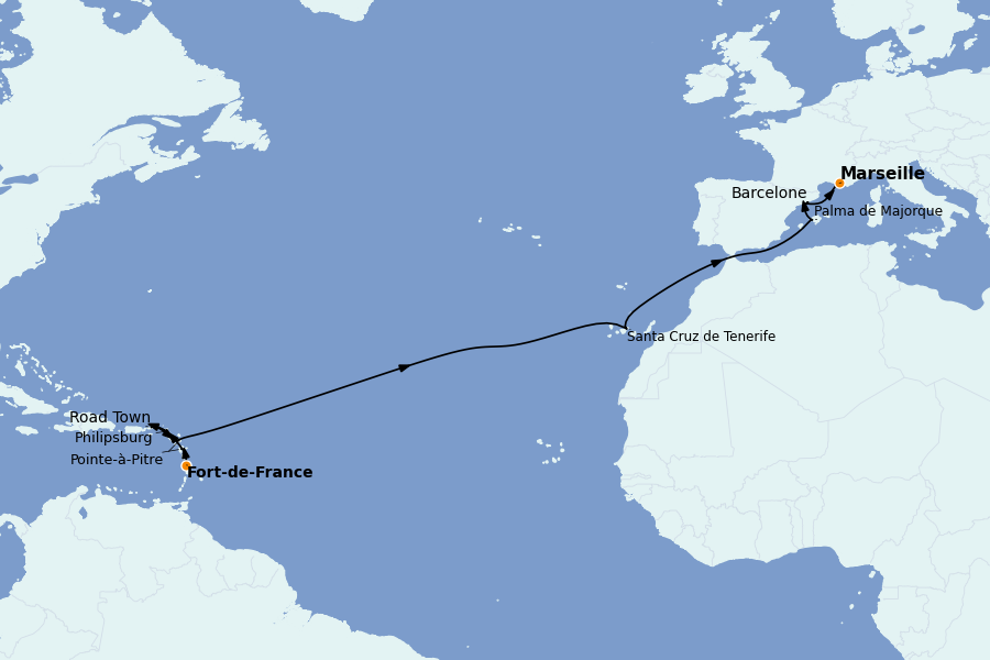 Itinerario del crucero TRASATLÁNTICOS 16 días a bordo del MSC Seaview
