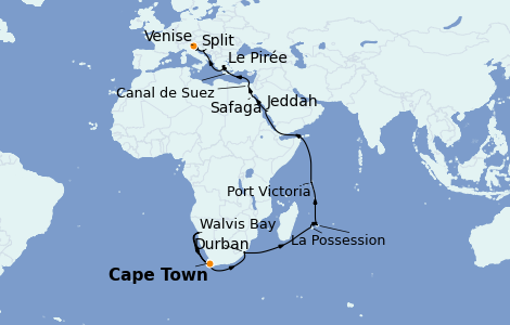 Itinerario del crucero Trasatlántico y Grande Viaje 2023 34 días a bordo del MSC Sinfonia