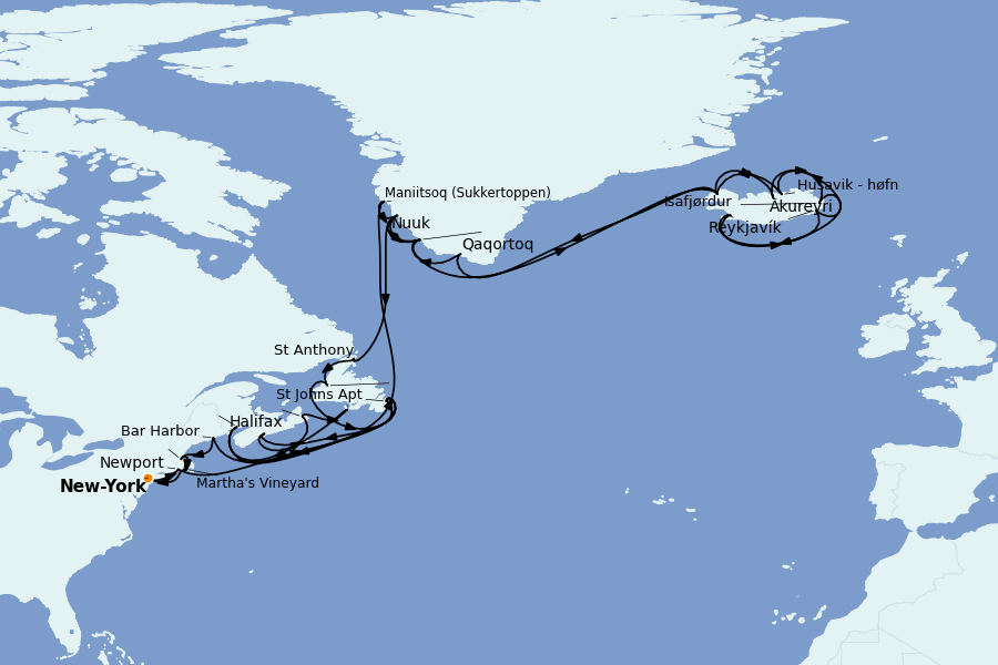 Itinéraire de la croisière Spitzberg, îles Féroé, Groenland, Islande 38 jours à bord du Insignia