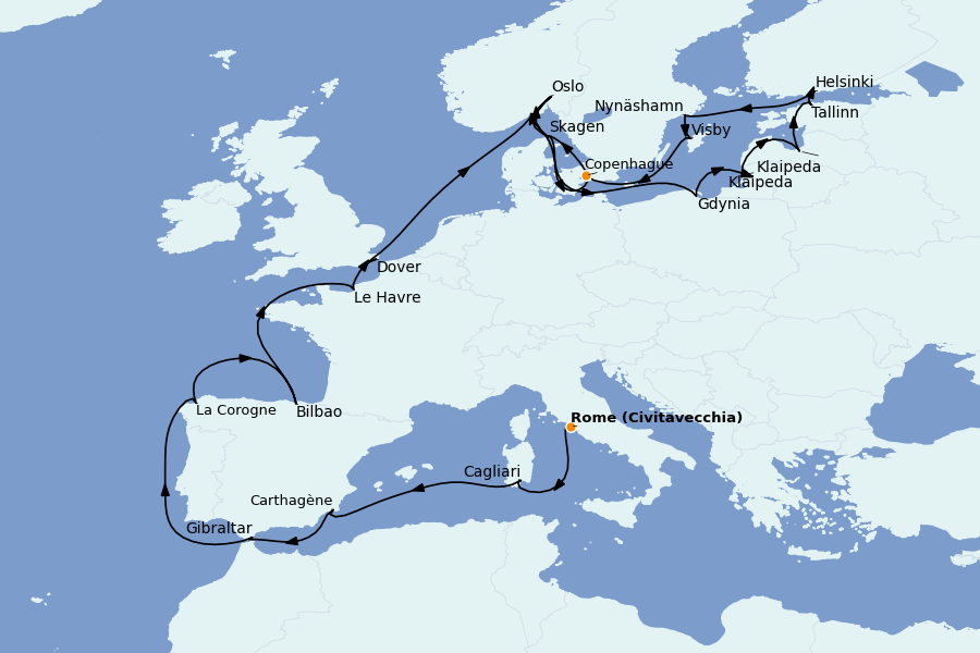 Itinéraire de la croisière Méditerranée Occidentale 26 jours à bord du Sapphire Princess