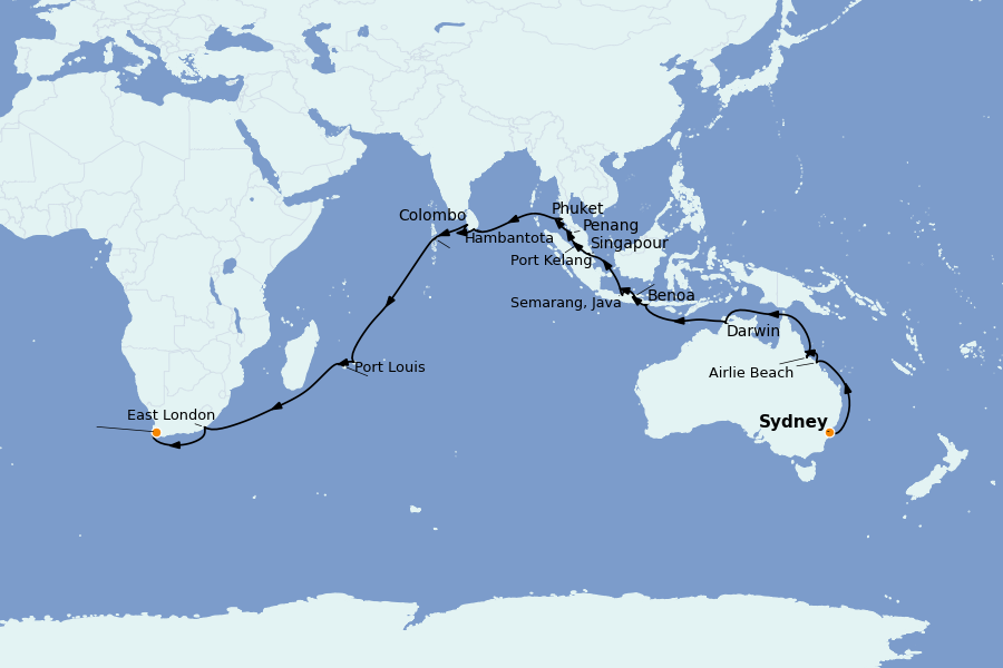 Itinerario del crucero Australia 2027 40 días a bordo del Ms Volendam