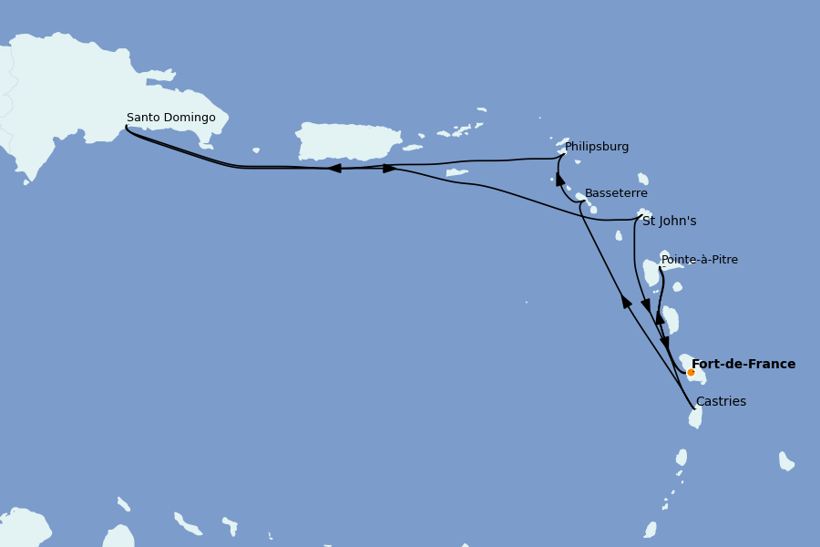 Itinéraire de la croisière Caraïbes de l'Est (Antilles) 8 jours à bord du Costa Favolosa