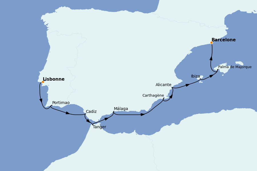 Itinéraire de la croisière Méditerranée Occidentale 11 jours à bord du Seven Seas Mariner