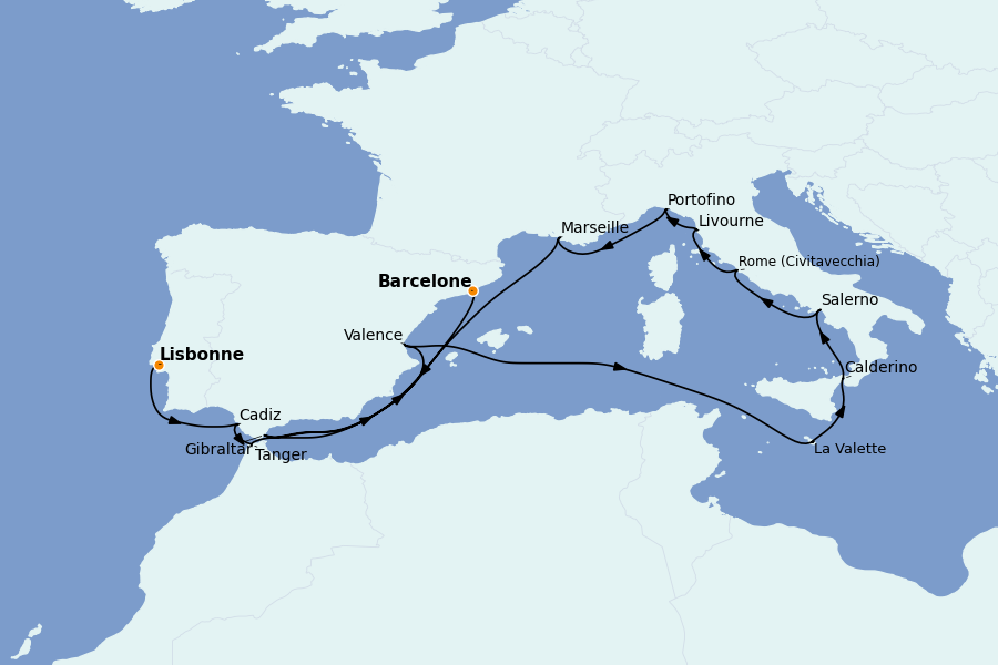 Itinéraire de la croisière Méditerranée Occidentale 18 jours à bord du Ms Oosterdam
