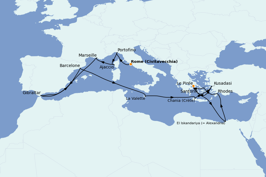 Itinéraire de la croisière Méditerranée Occidentale 21 jours à bord du Ms Oosterdam