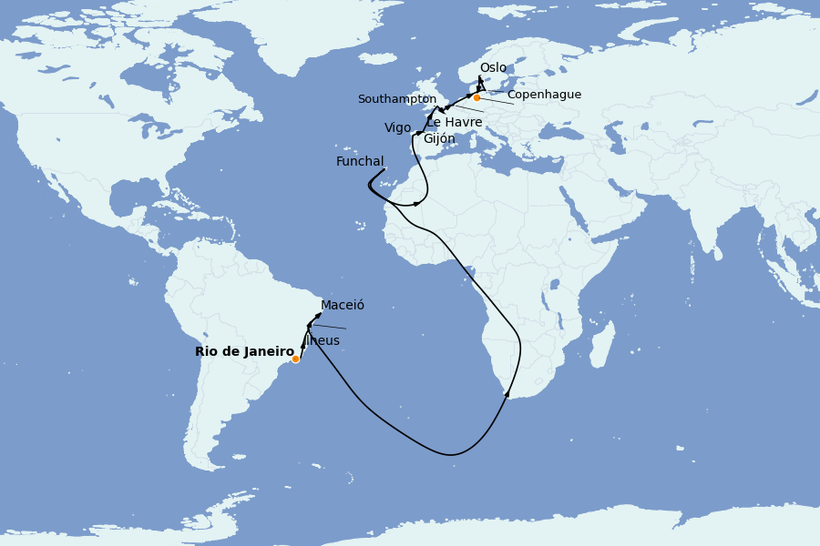 Itinerario del crucero TRASATLÁNTICOS 23 días a bordo del MSC Preziosa