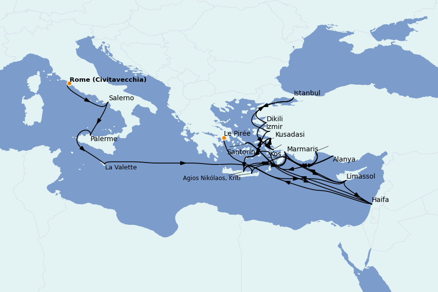 Itinerario del crucero Grecia y Adriático 23 días a bordo del Marina